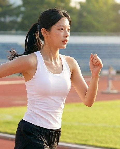 달리기 운동 중 턱관절 긴장을 경험하는 여성 이미지 – 타이거랩 케어 솔루션