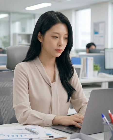 사무실에서 장시간 업무 중 턱관절 긴장을 경험하는 직장 여성 이미지