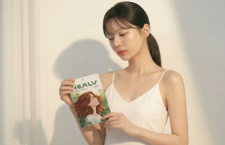 힐브이 HEALV 턱관절 케어 패치 제품 패키지를 들고 있는 모델 이미지