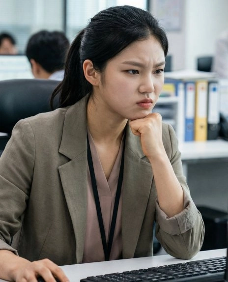 사무실에서 턱을 괴며 턱관절 긴장을 경험하는 직장 여성 이미지